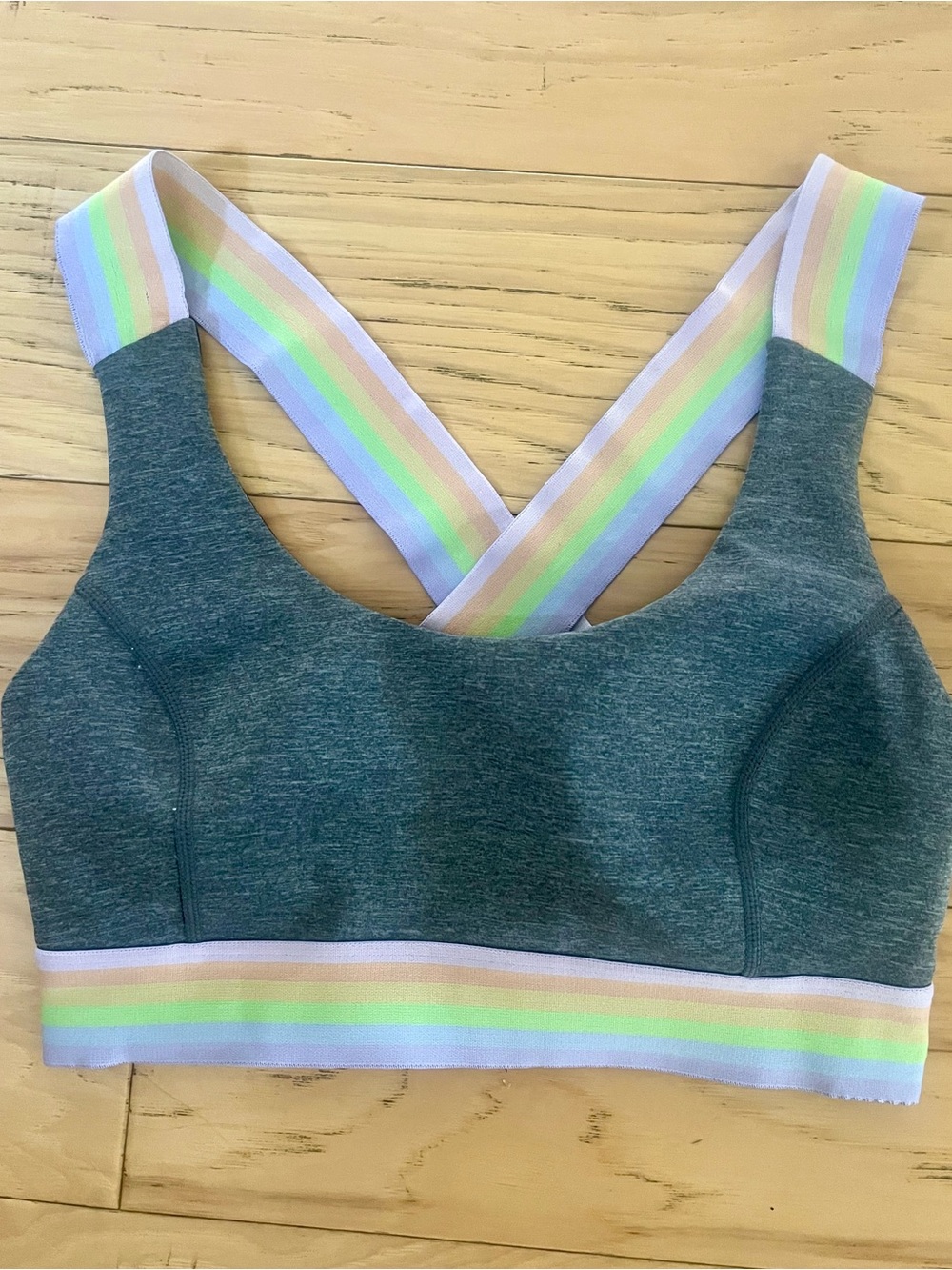 Pride! Heather Rainbow 🌈 Crossback Sports Bra with Pastel Rainbow Trim
